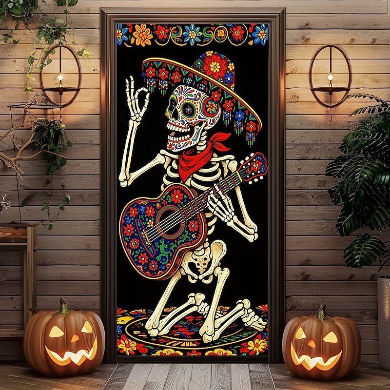 Halloween Door Cover – Dancing Skeleton in Colorful Costume, Haunted House Entrance Banner, Scary Outdoor & Indoor Decoration for 2025 Halloween Bedroom, Living Room, Bathroom3