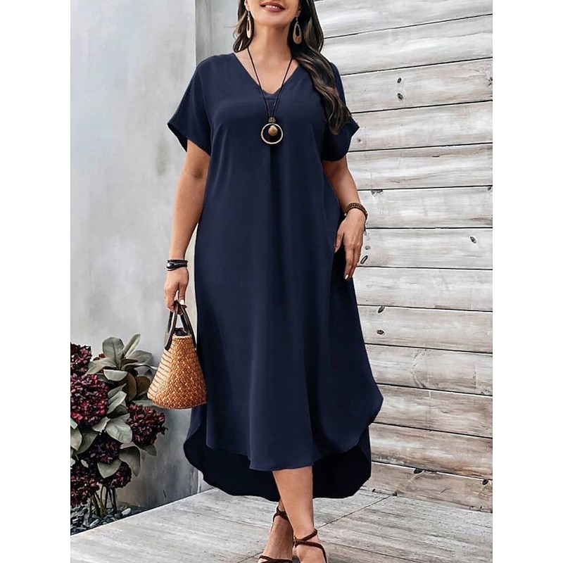 Women's Plus Size Casual Dress Solid Color V Neck Short Sleeve Summer Spring Elegant Fashion Modern Casual Maxi long Dress Daily Holiday Dress2