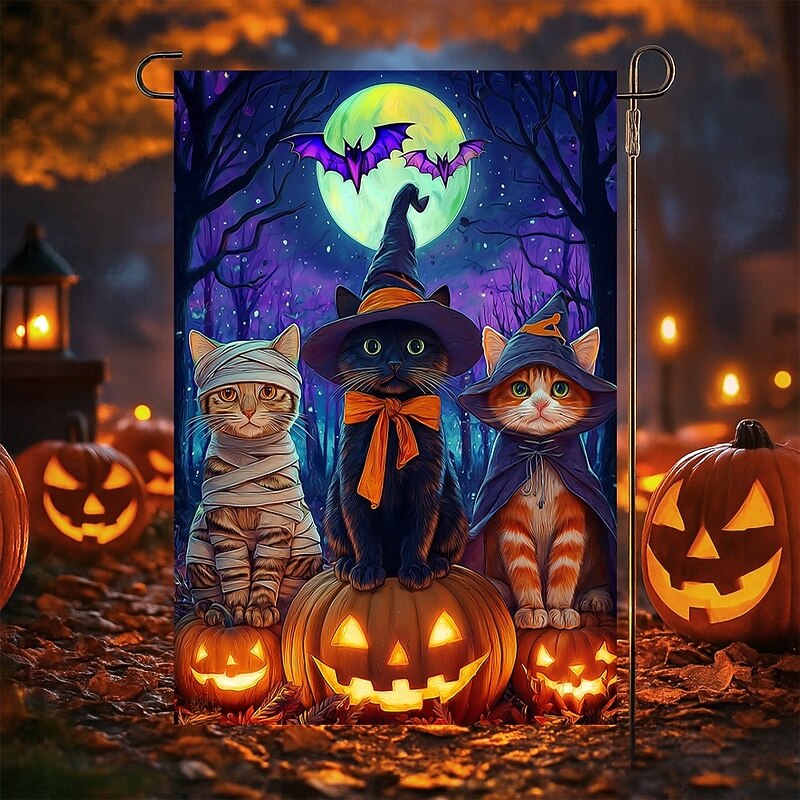 Halloween Garden Flag Banner – Three Costumed Cats under Moonlight, Double-Sided Weather-Resistant Yard Flag for 2025 Halloween Holiday Outdoor Lawn, Porch Decoration2