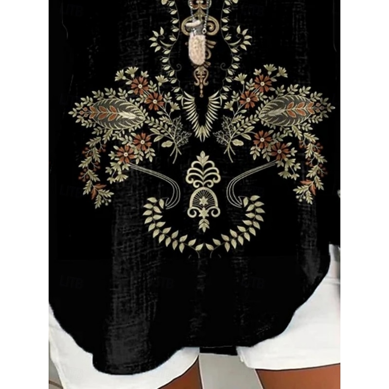 Women's Shirt Floral Daily Casual Long Sleeve V Neck Regular Tops Daily Holiday Buttons Print Black Spring Fall3