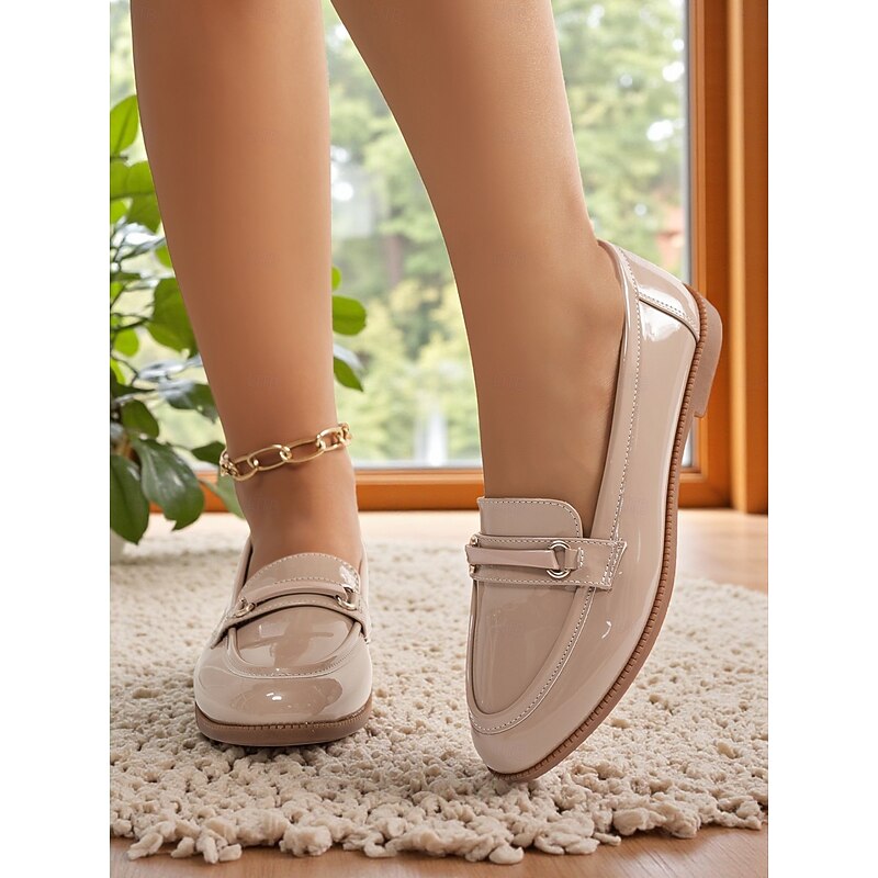 Women's Nude Patent Leather Loafers with Buckle Detail - Elegant Slip-On Flats for Ladies, Classic Preppy Style Office Shoes for Daily Work, School, and Casual Outings