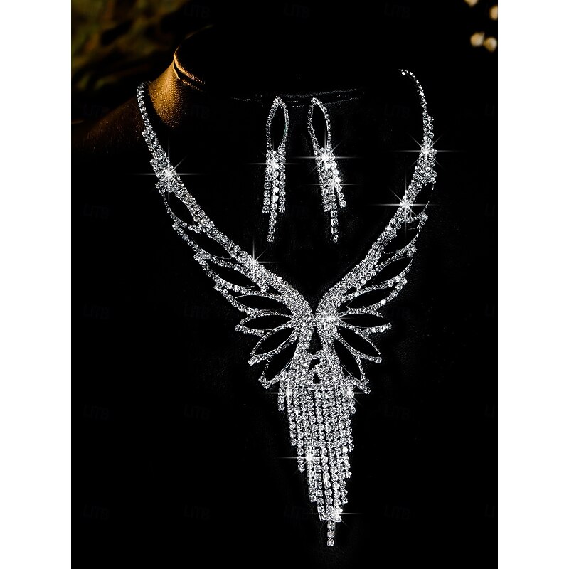 Women's Luxury Crystal Jewelry Set - Silver Plated Necklace and Dangle Earrings with Green Gemstone Accents, Elegant Statement Accessories for Cocktail and Evening Parties4