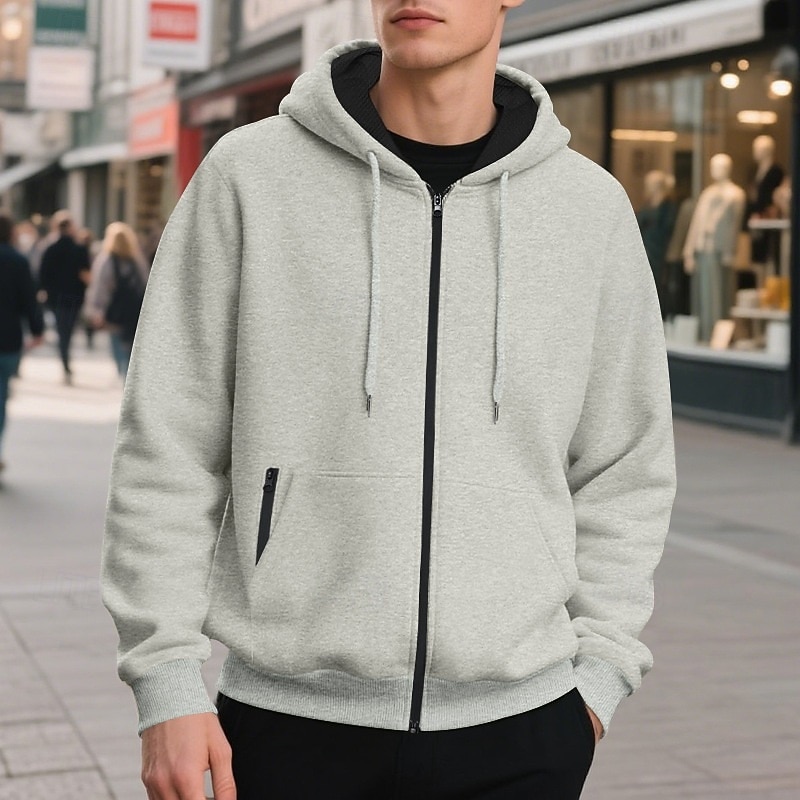 Men's Hoodie Full Zip Hoodie Apricot Black Army Green Navy Blue Light Grey Hooded Plain Patchwork Sports & Outdoor Casual Daily Streetwear Cool Designer Spring &  Fall All Seasons Clothing Apparel