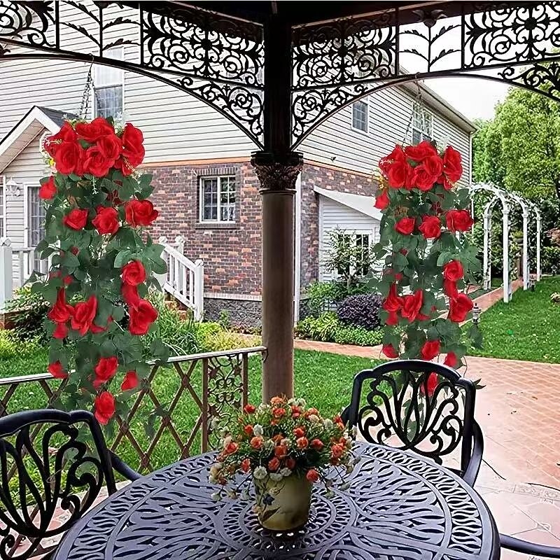 4 Pack Artificial Red Rose Vines with Green Leaves, Realistic Hanging Flowers for Wedding Christmas Decoration, Indoor Outdoor Home Garden Faux Floral Garland3