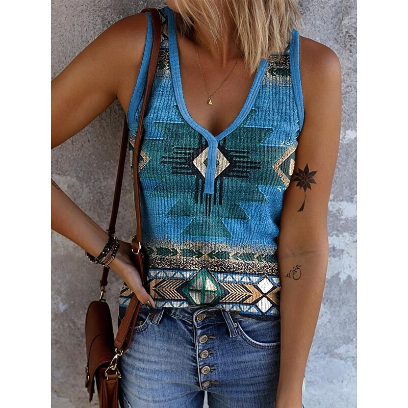 Women's Camisole Tank Top Graphic Geometric Vintage Stylish Ethnic Sleeveless V Neck Regular Tops Daily Print Black Navy Blue Blue Orange Brown Summer Spring
