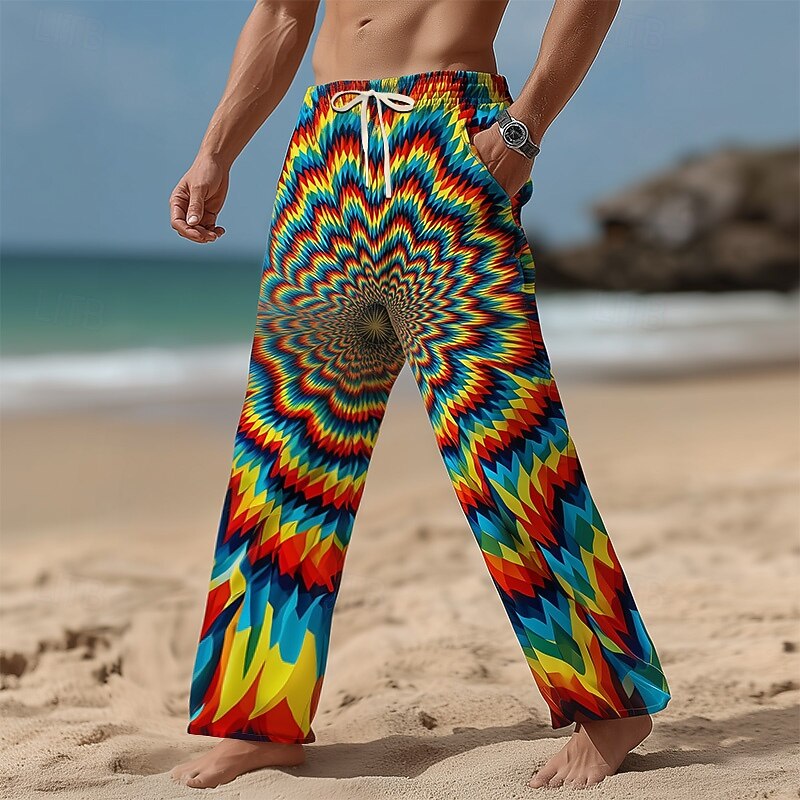 Men's Geometric Optical Illusion Swirl Trousers Baggy Pants Casual Pants Mid Waist Casual Outdoor Vacation Elastic Drawstring Waist Linen-Like Pants with Pockets Summer Spring Fall 3D Print Rainbow