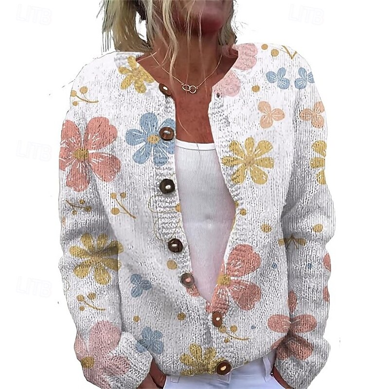 Women's Sweater Cardigan Fashion Streetwear Daily Floral Ribbed Open Front Knitted Print Long Sleeve Long Tops Knit Holiday Going out Weekend White Purple Fall Winter2