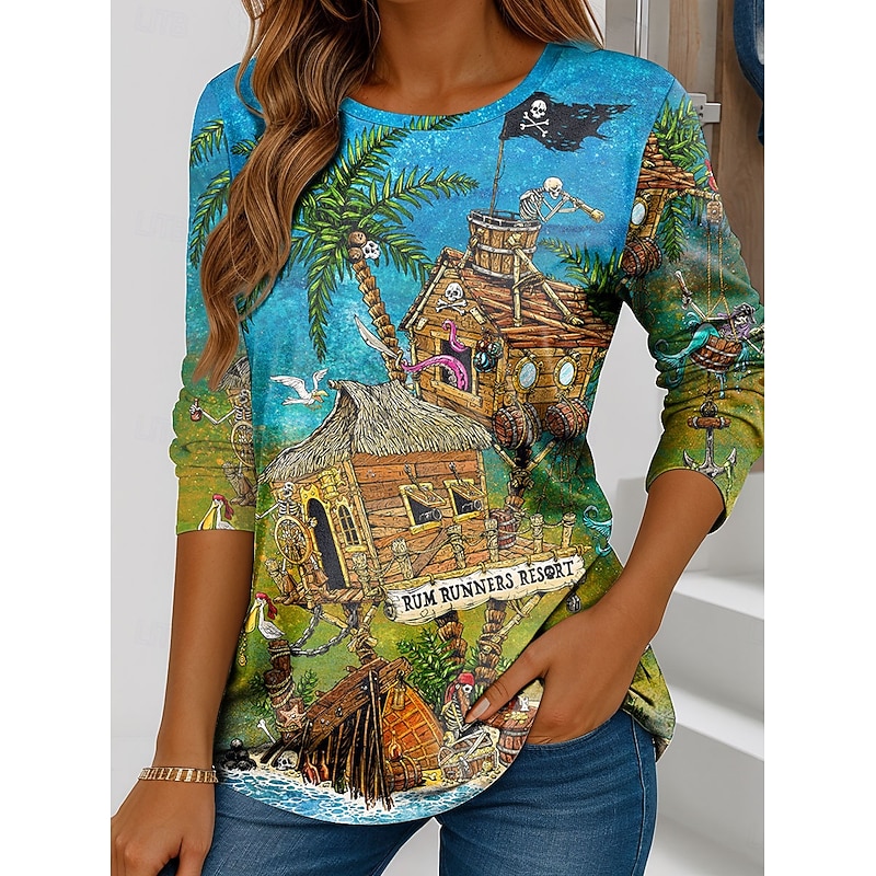 Skull By David Lozeau Halloween Women's T shirt Crew Neck Long Sleeve Tunic Graphic Vintage Stylish Classic  Regular Tops Daily Print Blue Fall