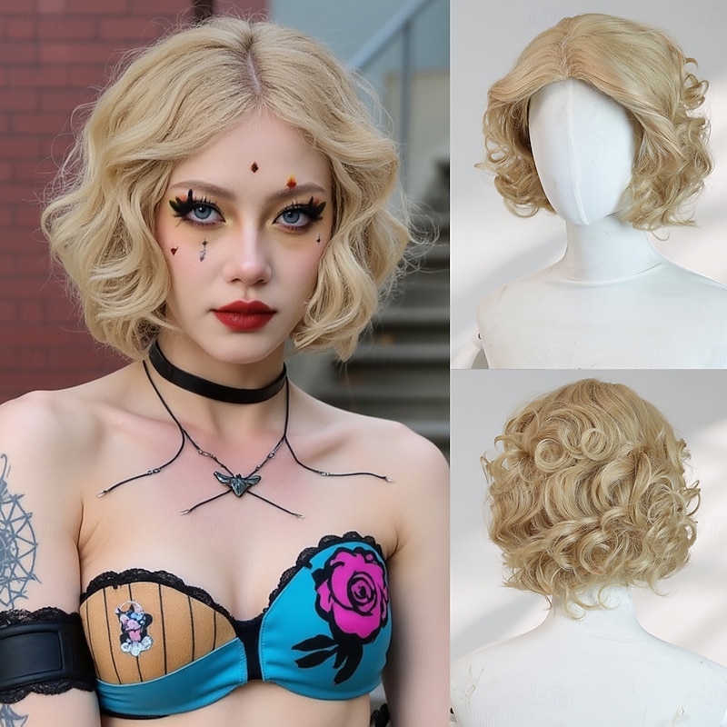 10‑Inch Short Gold Wavy Wig with Middle Part – No Bangs, Synthetic Halloween Hairpiece for Cosplay, Parties & Photo Shoots