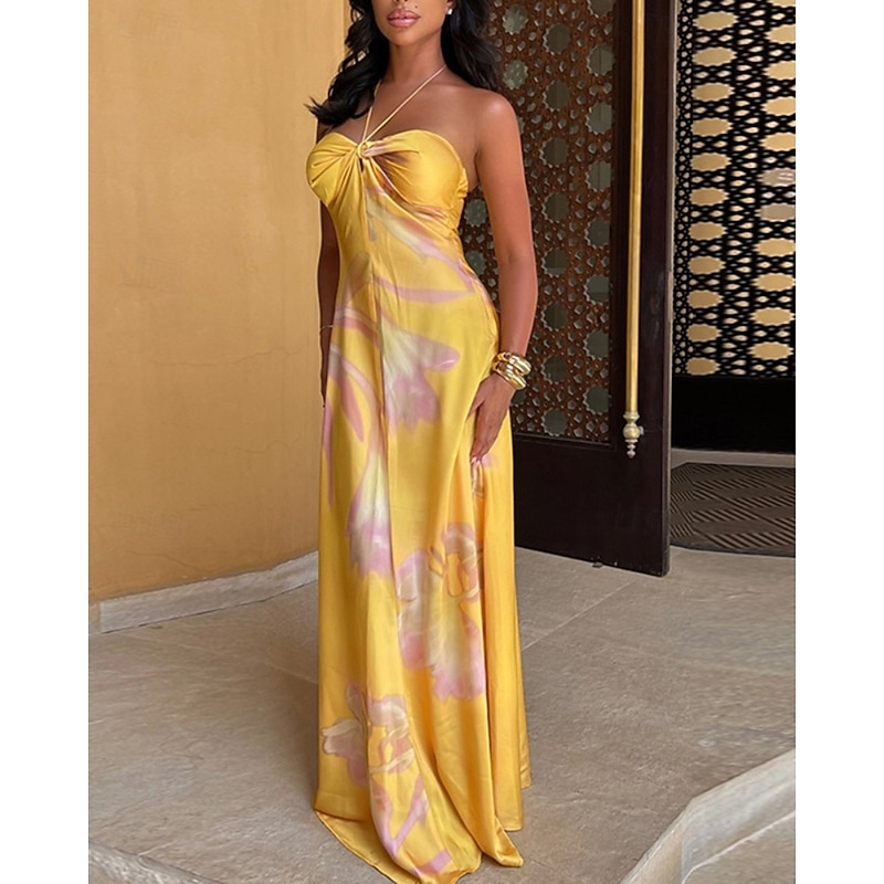 Women's Long Dress Maxi Dress Halter Neck Dress Print Dress Fashion Modern Outdoor Vacation Holiday Regular Fit Flower Sleeveless Halter Neck Yellow Summer3