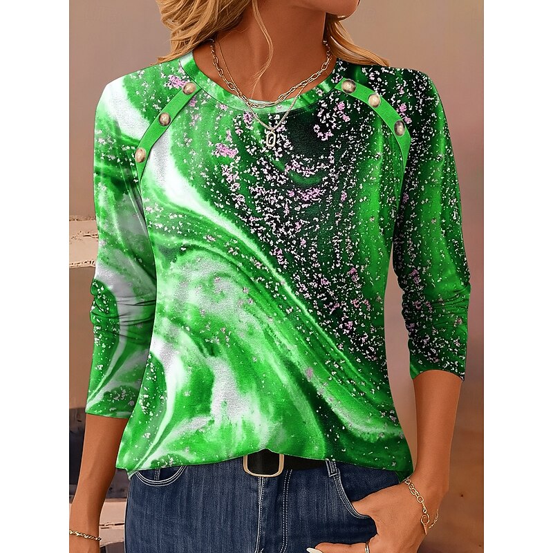 Women's T Shirt Graphic Geometric Vintage Casual Long Sleeve Crew Neck Regular Tops Daily Buttons Print Sage Green Blue Purple Brown Green Spring Fall Winter4