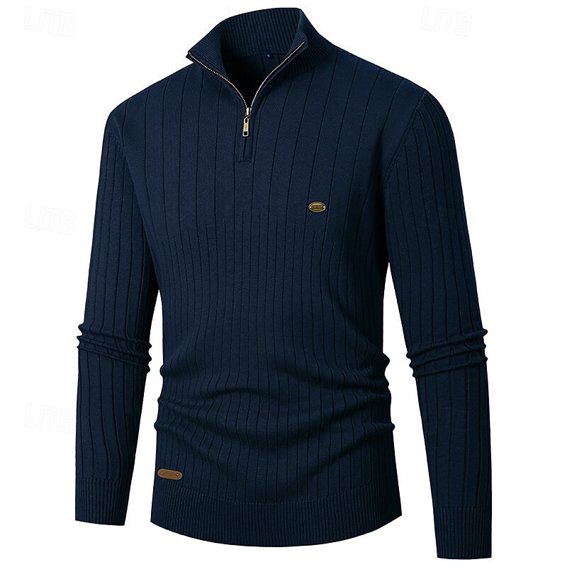 Men's Pullover Sweater Jumper Quarter Zip Sweaters Knit Sweater Ribbed Knit Regular Tops Knitted Plain Standing Collar Fashion Casual Vacation Daily Wear Clothing Apparel Fall Winter Black Navy Blue2