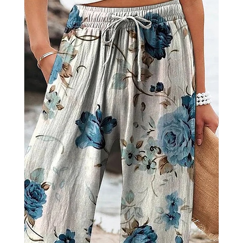 Women's Wide Leg Pants Trousers Palazzo Pants Fashion Boho Full Length High Waist Flower Elastic Waist Drawstring Print Breathability Comfortable Street Daily Wear Going out Blue Spring Fall Regular2