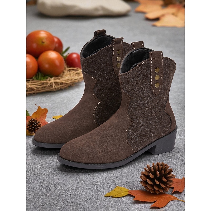 Women's Coffee Western Mid-Calf Boots with Decorative Buttons – Stylish Farm-Inspired Design for Harvest Festivals and Casual Outdoor Wear4