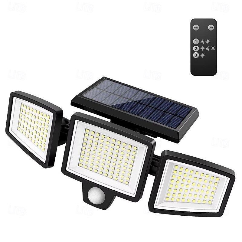Solar Outdoor Lights 2500LM 210 LED Security Lights with Remote Control 3 Heads Motion Sensor Lights IP65 Waterproof 270 Wide Angle Flood Wall Lights with 3 Modes for Garage Yard Porch
