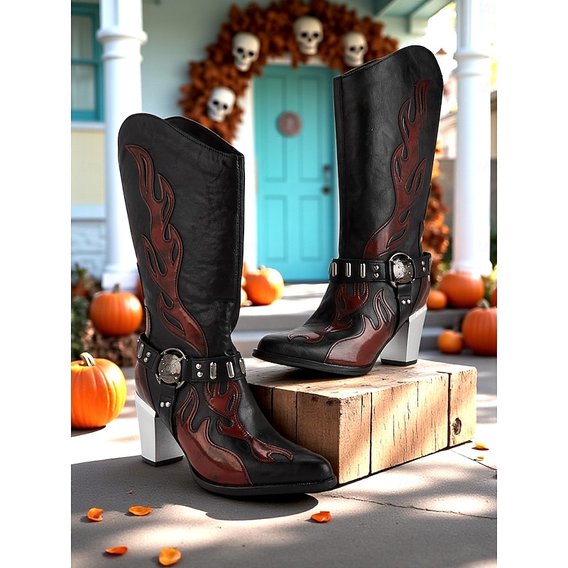 Women's Flame Embroidered Western Cowboy Boots - Chunky Heel Black and Brown Gothic Mid-Calf Boots for Halloween, Music Festivals, and Rodeo Outfits