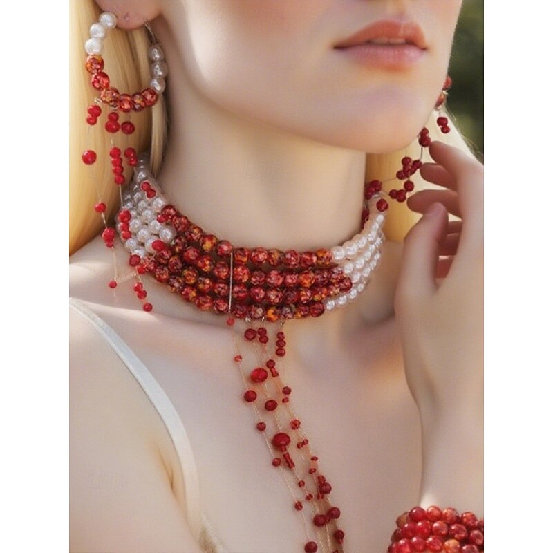 Women's Halloween Blood Drip Jewelry Set – Pearl and Red Bead Choker, Bracelet and Earrings for Costume Parties and Spooky Events2