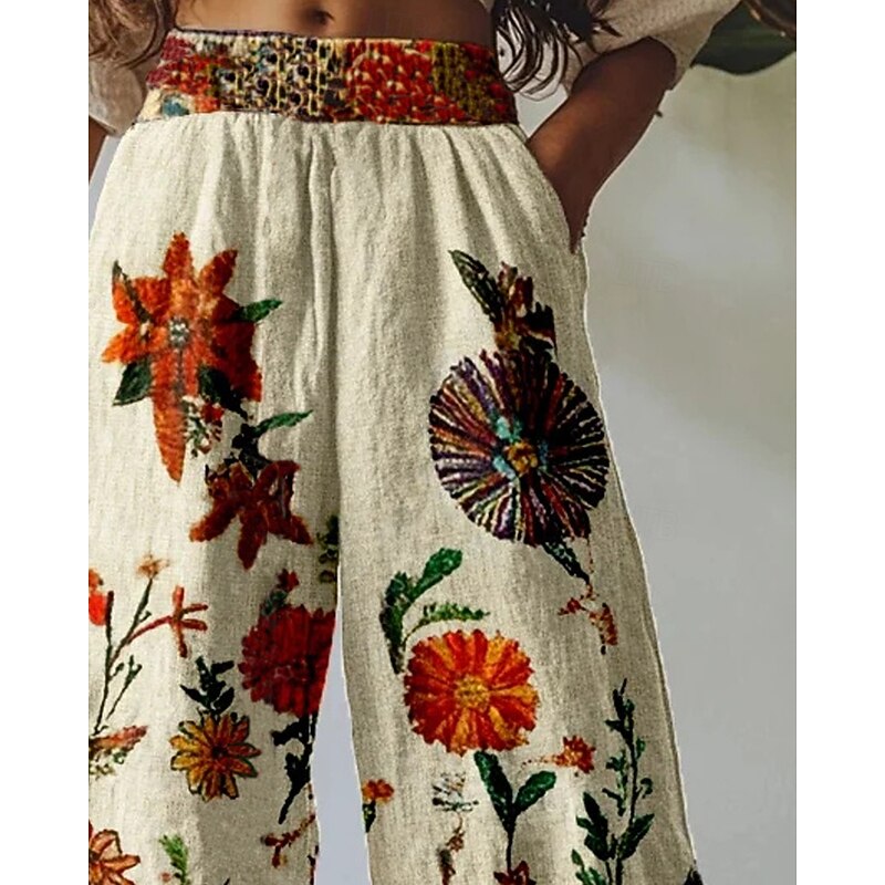 Women's Wide Leg Pants Trousers Palazzo Pants Vintage Boho Full Length High Waist Flower Elastic Waist Printing Breathability Comfortable Street Daily Wear Going out Khaki Spring Fall Regular Fit2