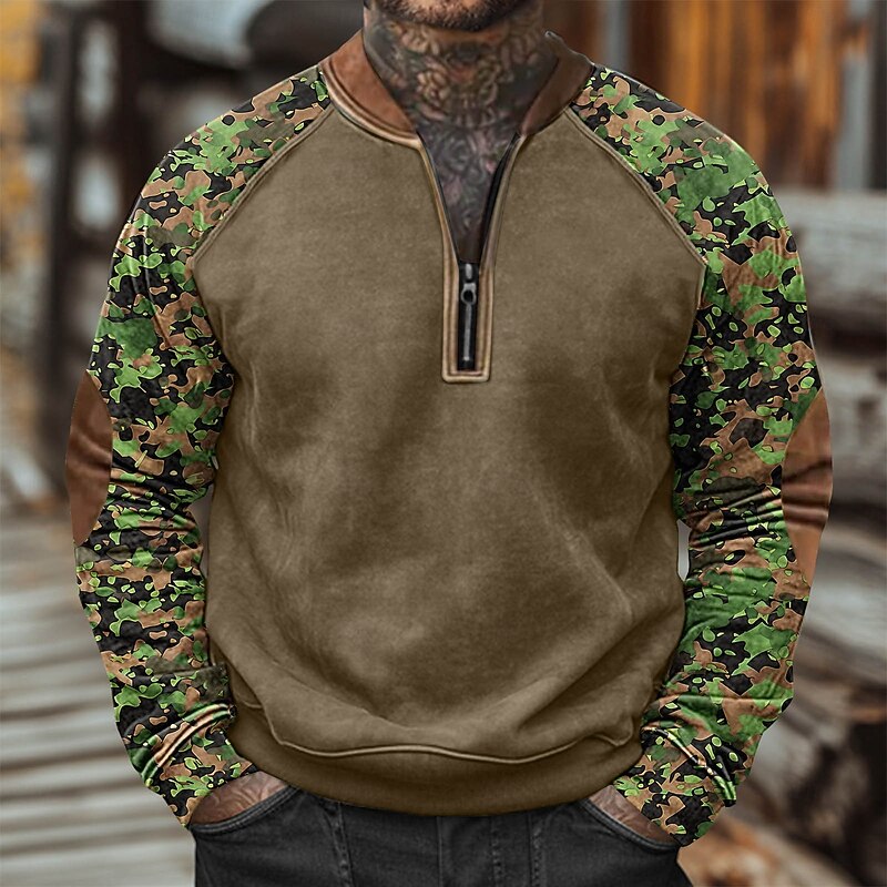 Men's Sweatshirt Quarter Zip Sweatshirt Army Green Green Khaki Camouflage Green Half Zip Color Block Camo / Camouflage Half Zip Print Casual Daily Holiday Polyester Vintage Streetwear Casual Fall2