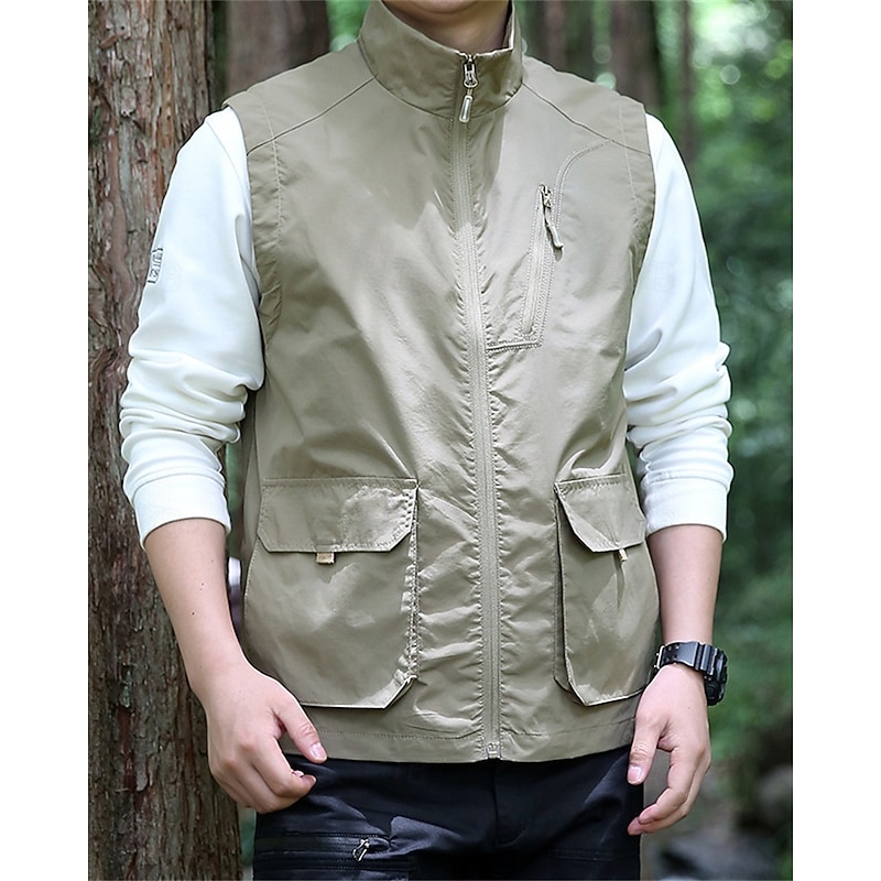 Men's Vest Gilet Outdoor Daily Fashion Casual Spring Fall Pocket Polyester Comfortable Breathable Plain Zipper Stand Collar Regular Fit Black Khaki Army Green Dark Blue Vest
