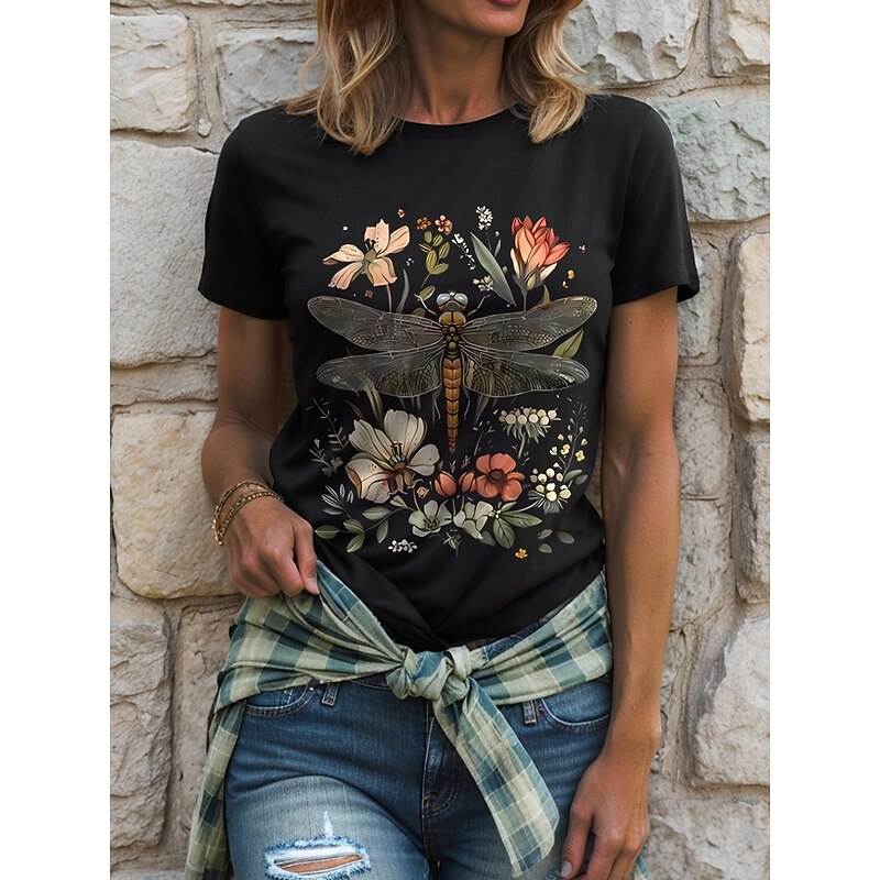 Women's T Shirt Floral Graphic Dragonfly Vintage Stylish Classic Short Sleeve Crew Neck Round Neck Regular Tops Daily Weekend Print Black White Yellow Pink Red Summer Spring