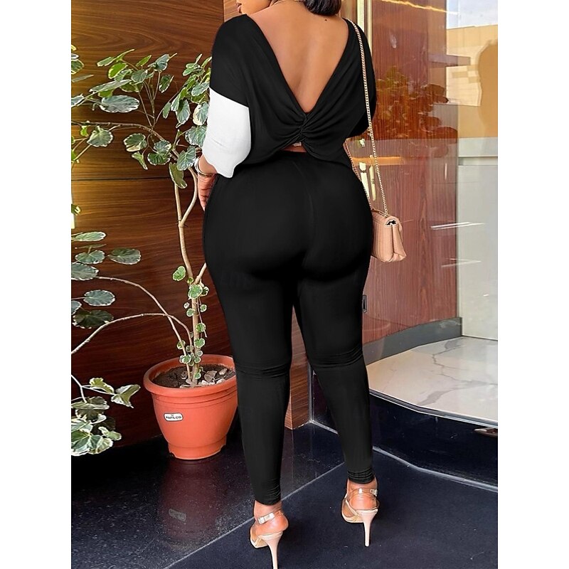 Women's Fashion Streetwear Daily Pants Sets Long Sleeve Round Neck Ombre Letter Print Casual Daily Black White Navy Blue Summer Regular Fit2