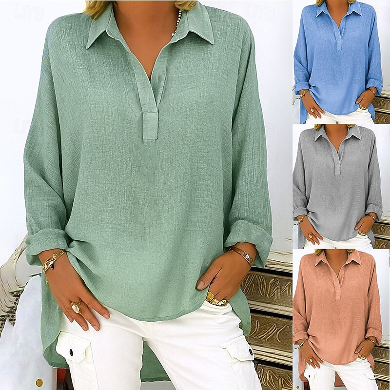 Women's Cotton Linen Shirts Solid Color Basic Casual Long Sleeve V Neck Regular Tops Daily Pink Blue Green Gray Summer Spring Fall