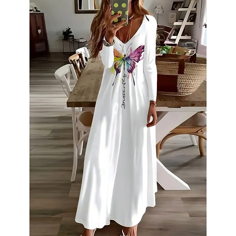 Women's Maxi long Dress White Dress Casual Dress A Line Dress Stylish Casual Holiday Loose Fit Graphic Butterfly Long Sleeve V Neck White Spring Fall Winter - Main Image