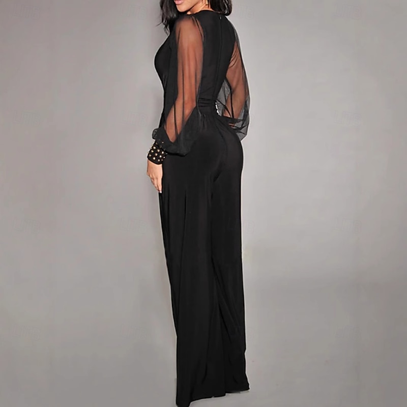 Women's Jumpsuit Elegant Solid Color Long Sleeve Lantern Sleeve Wide Leg V Neck Rivet Patchwork School Vacation Regular Fit Black All Seasons2