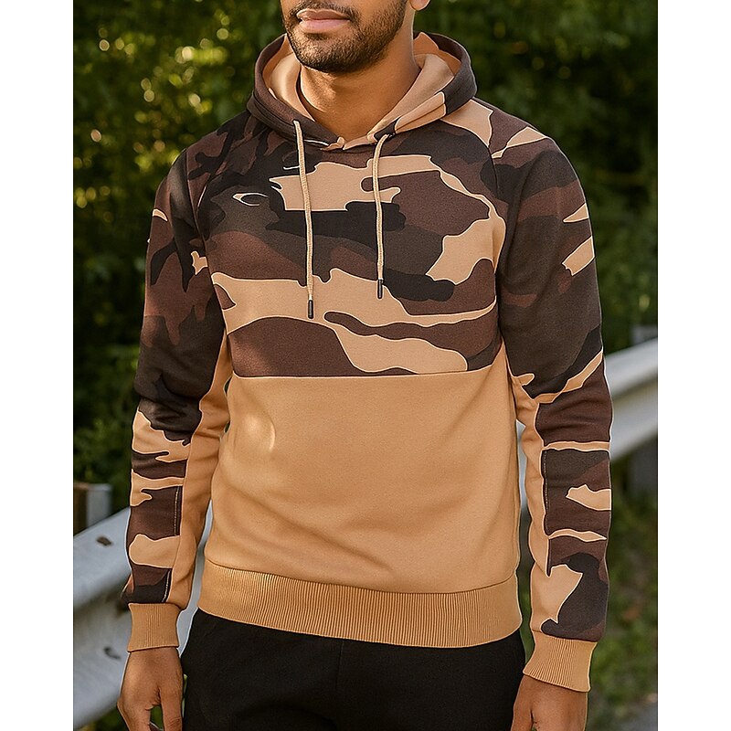 Men's Running Top Sports Sweatshirt Drawstring Pocket Long Sleeve Top Athleisure Camouflage Thermal Warm Outdoor Running Sportswear Activewear Black Green Khaki - Main Image