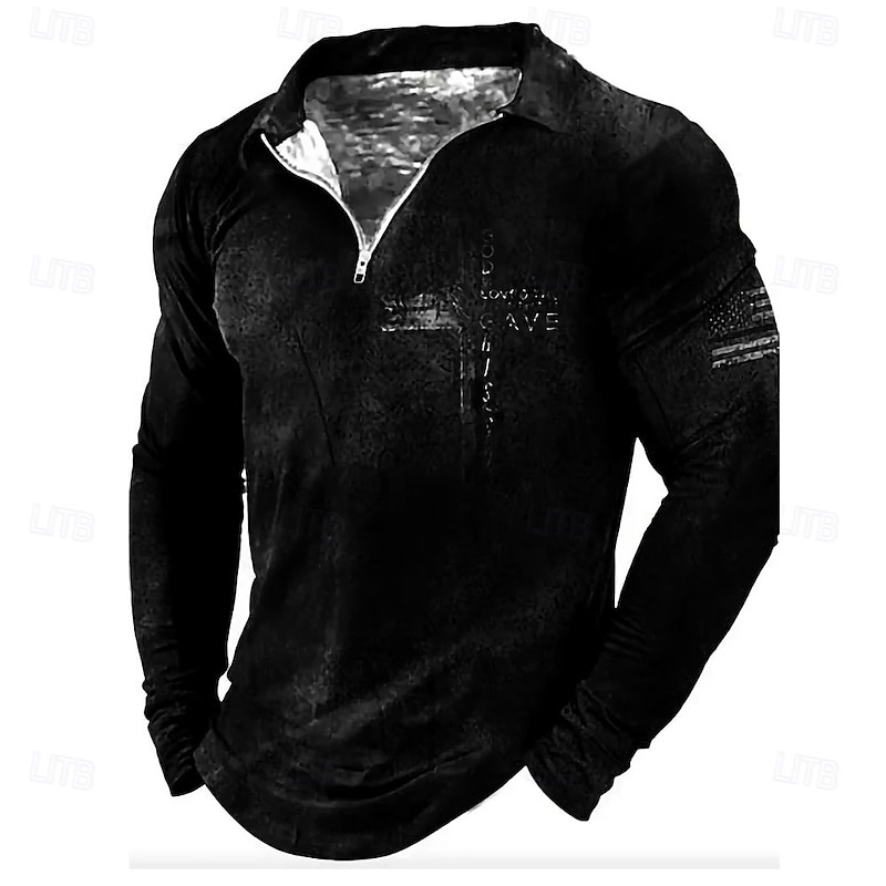 Men's Graphic Cross Polo Long Sleeve Half Zip Vintage Casual Daily Athleisure Casual Daily Zip Up Spring Fall Winter Black Blue Dark Grey2