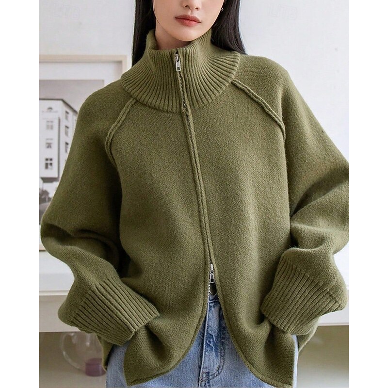 Women's Sweater Cardigan Fashion Streetwear Daily Solid Color Ribbed Turtleneck Zipper Knitted Long Sleeve Long Tops Knit Holiday Going out Weekend Navy Blue Green Fall Winter3