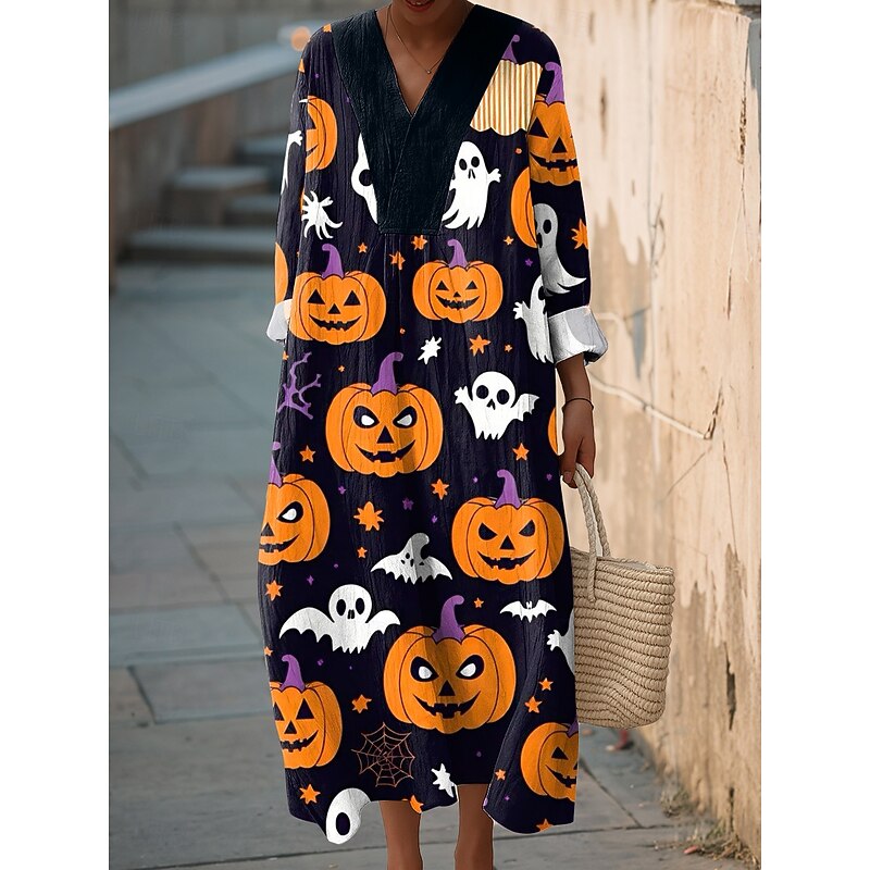 Halloween Women's Ghost Print Midi Dress V Neck Long Sleeve Kaftan Lightweight Loose Fit Casual Dress Shift Dress Casual Loose Fit Graphic Long Sleeve V Neck Black Yellow Pink Orange Fall4
