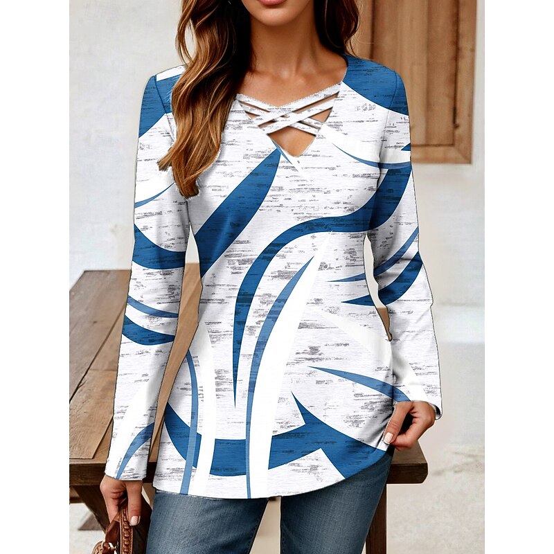Women's T Shirt Graphic Geometric Abstract Vintage Stylish Classic Long Sleeve V Neck Regular Tops Daily Cut Out Print Blue Spring Fall