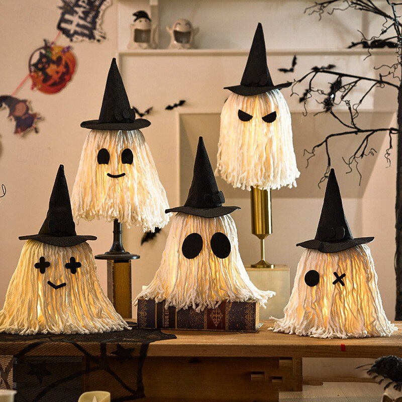 1 Pc 42cm Halloween hat glowing mop head emoji package DIY ghost decoration lamp indoor and outdoor courtyard restaurant party Halloween atmosphere decoration