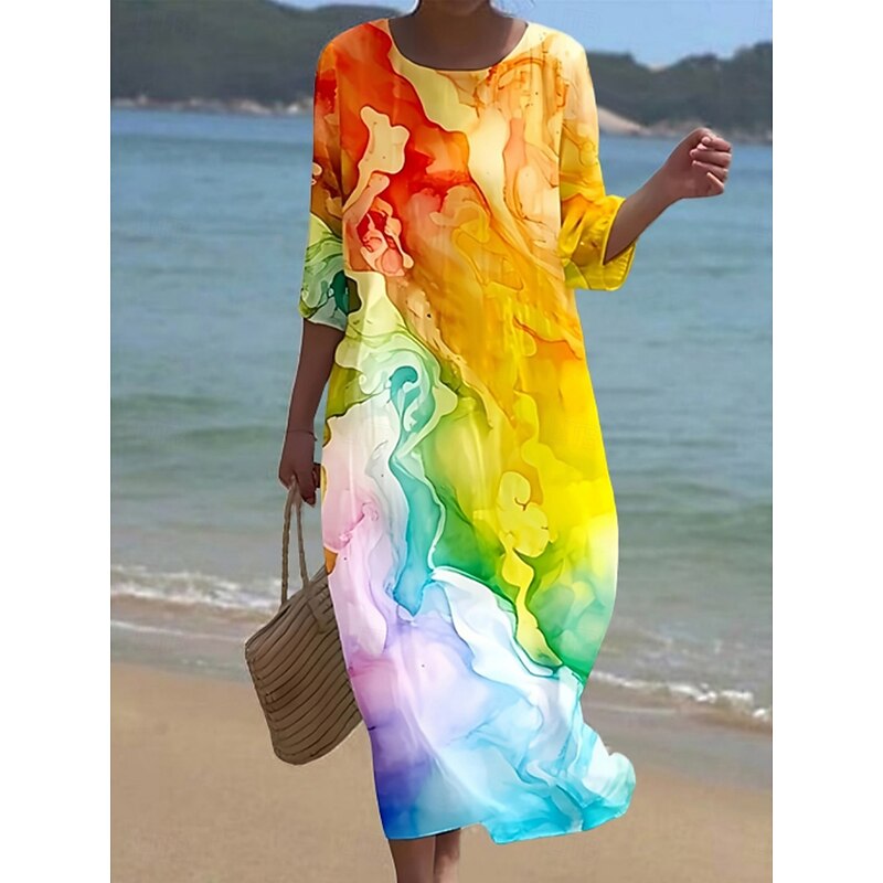 Women's Midi Dress Casual Dress Print Dress Fashion Modern Daily Beach Weekend Regular Fit Color Gradient 3/4 Length Sleeve Crew Neck Yellow Blue Orange Green Spring Fall Autumn