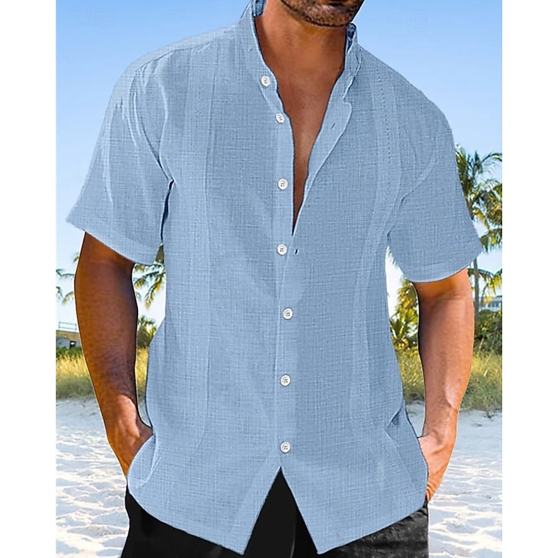 Men's Shirt Linen Shirt Casual Shirt Button Up Shirt Cotton Shirt Plain Vacation Street Black White Green Apricot Short Sleeve Band Collar Summer Spring Clothing Apparel Button-Down3