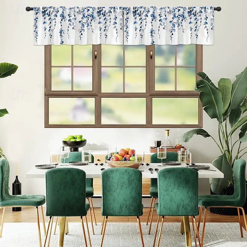 Fashionable Blue Floral And Leaf Printed Kitchen Short Curtains Pole Mouth Design For Kitchen Bathroom And Living Room - Machine Washable Polyester Fiber Home Decoration 54x18 Inches