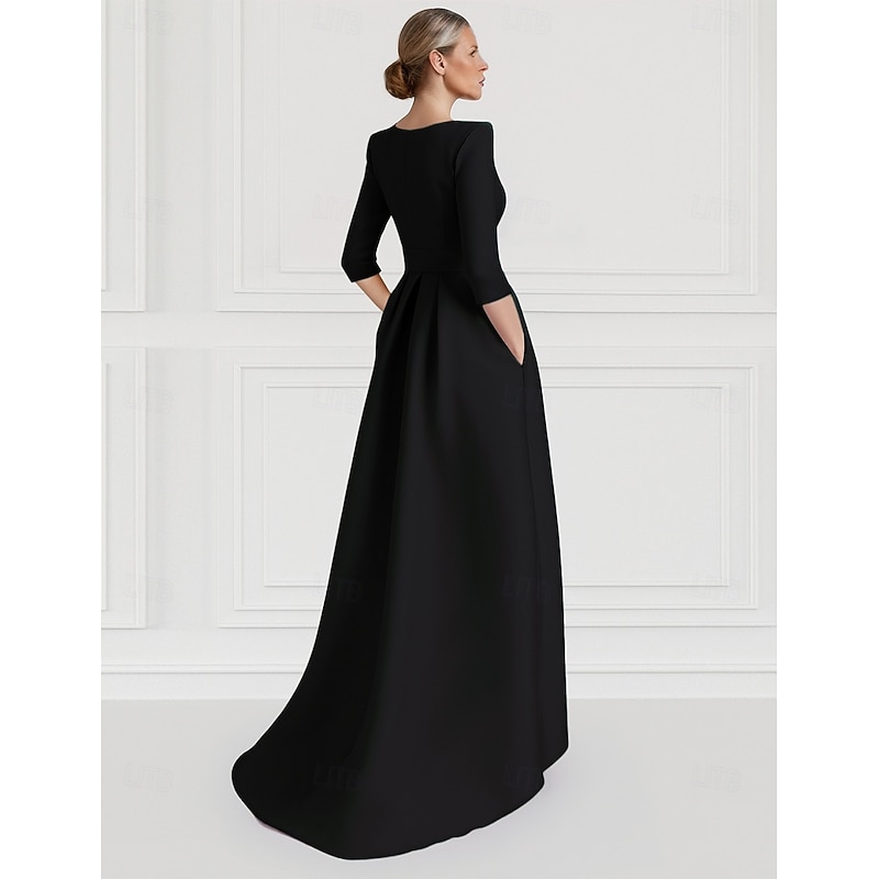 A-Line Evening Gown Elegant Dress Formal Wedding Asymmetrical Half Sleeve Crew NeckMother Of the Bride Dress Stretch Satin with Pocket3