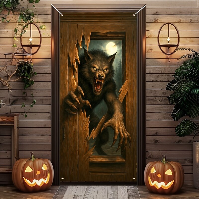 Halloween Door Cover – Evil Demon Emerging from Wooden Door, Haunted House Entrance Banner, Spooky Outdoor & Indoor 2025 Halloween Decoration for Bedroom, Living Room, Bathroom2