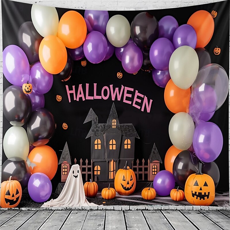 Halloween Balloon Arch Backdrop – Haunted House Pumpkin Ghost Wall Hanging Tapestry Photography Background for Party Bedroom Living Room  2025 Halloween Home Decoration2