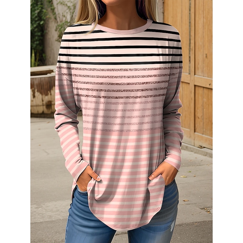 Women's T Shirt Graphic Geometric Striped Vintage Fashion Stylish Long Sleeve Crew Neck Round Neck Regular Tops Weekend Print Pink Blue Purple Green Spring Fall