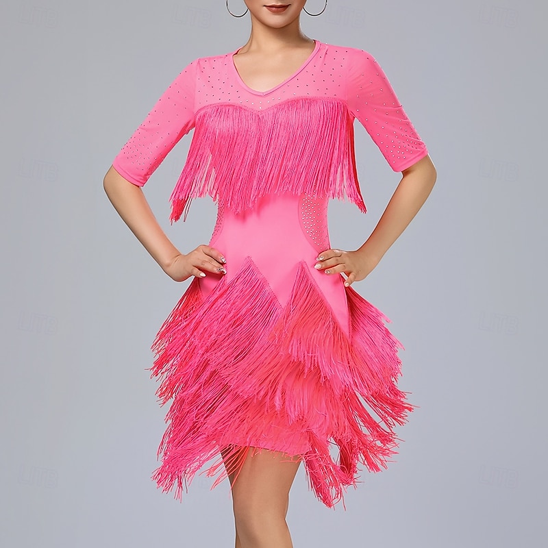Latin Dance Dress Tassel Pure Color Splicing Women's Performance Training Half Sleeve High Polyester - Main Image