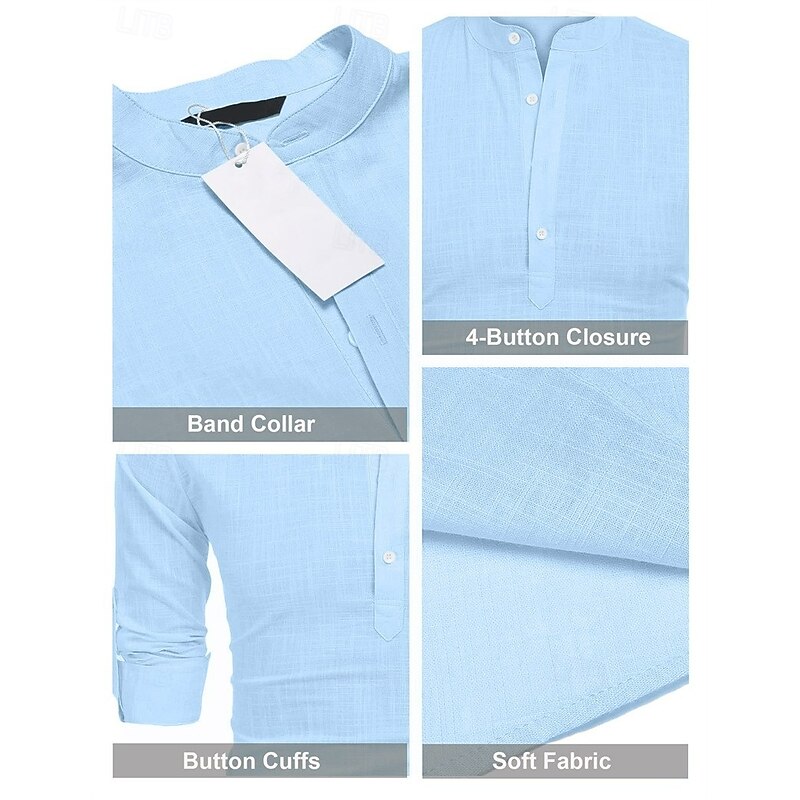 Men's Linen Shirt Popover Shirt Summer Shirt Beach Wear Casual Shirt Band Collar Shirt Plain Vacation Casual Orange+blue Pink+Navy Blue White+Black Pink+Blue Long Sleeve Collar Summer Spring Clothing3