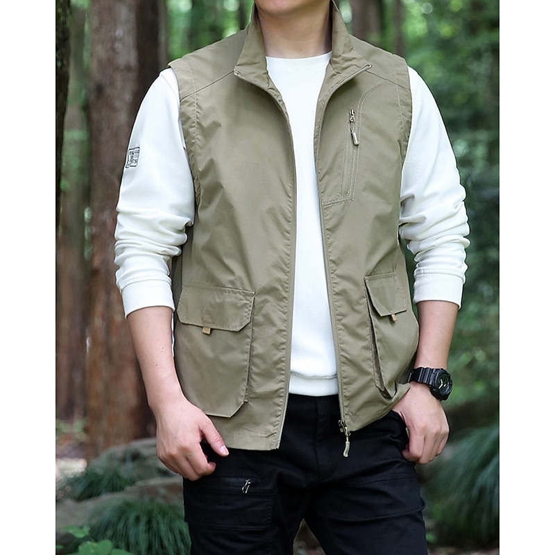 Men's Vest Gilet Outdoor Daily Fashion Casual Spring Fall Pocket Polyester Comfortable Breathable Plain Zipper Stand Collar Regular Fit Black Khaki Army Green Dark Blue Vest4