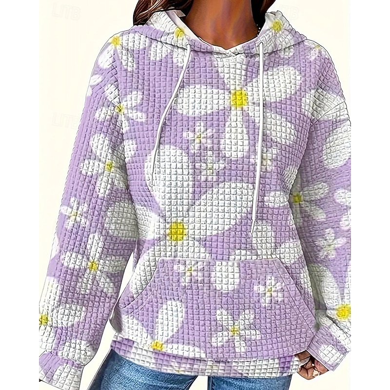 Women's Pullover Hoodie Sweatshirt Floral Streetwear Casual Comfy Long Sleeve Hooded Regular Tops Street Holiday Going out Pocket Print White Blue Purple Fall4