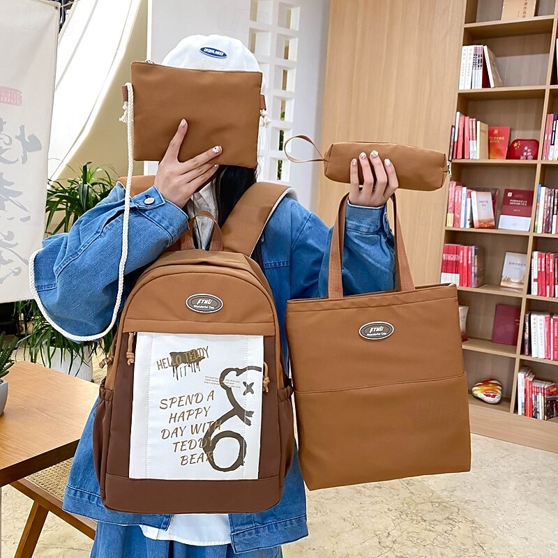 4-Piece Cute Backpack Set for Girls with Teddy Bear Print – Kawaii School Bag with Tote, Pencil Case, and Pouches for Teen Students