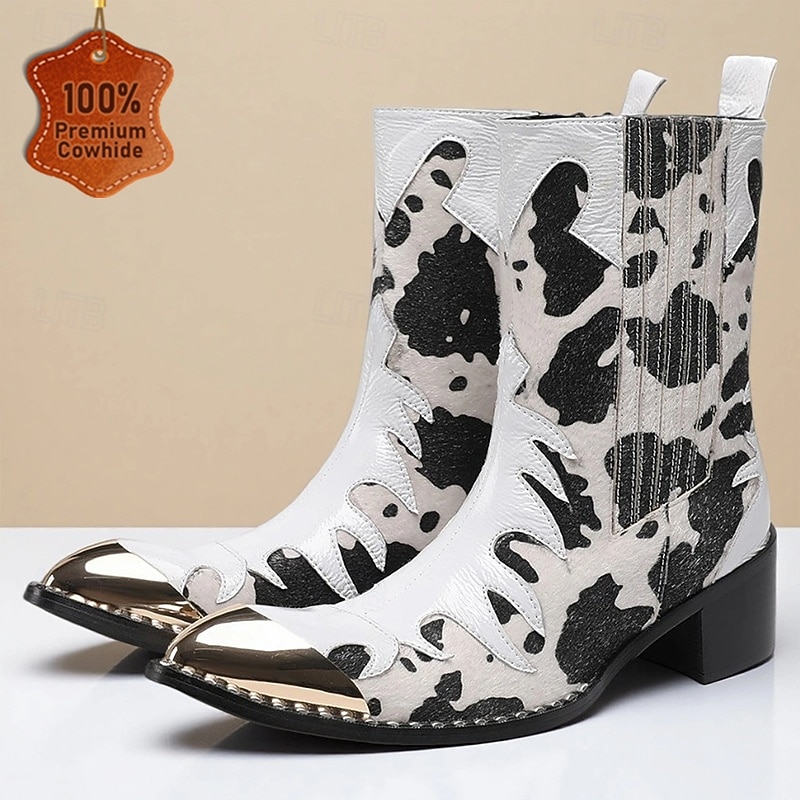 Men's Cow Print Genuine Cowhide Western Boots with Metal Toe Cap Statement Rodeo Style Cowboy Boots for Stage Parties and Fashion Events