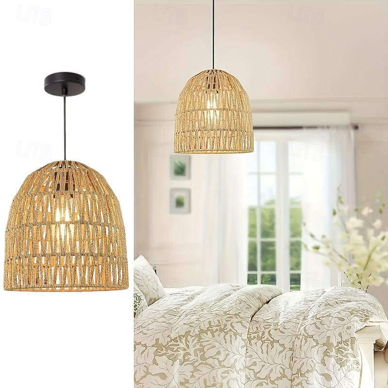 Country Vintage Pendant Light, Metal Braided Rope, Bamboo Weaving, 25cm Height, Warm White/White Light, E26 E27, Adjustable Chain