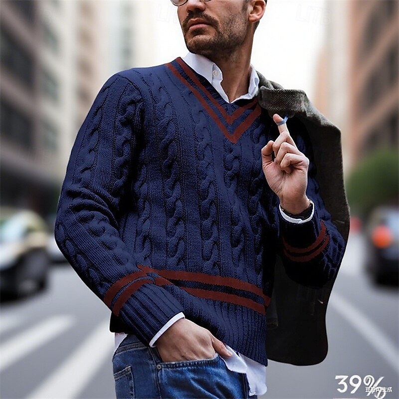 Men's Sweater Pullover Sweater Jumper Cable Knit Regular Tops Knitted Slim Fit Plain V Neck Knitwear Contemporary Casual Daily Wear Clothing Apparel Fall White Yellow M L XL2